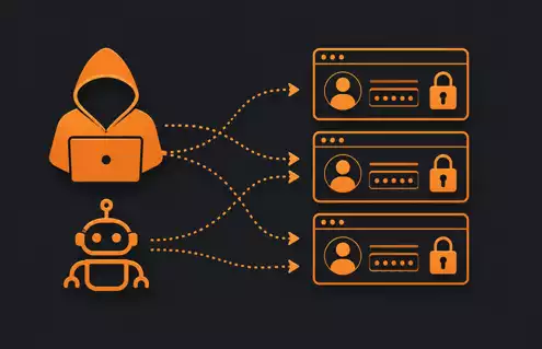 Ilustração escura com invasor e bot automatizado tentando acessar sistemas bloqueados por cadeados, representando brute force e password spraying.